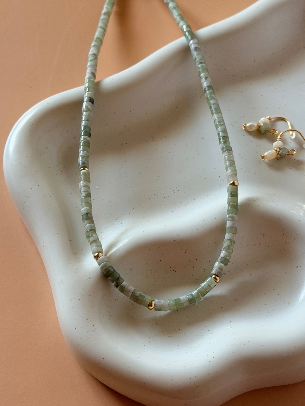 NWT: Delicate Light Green Beaded Necklace with Gold Accents
